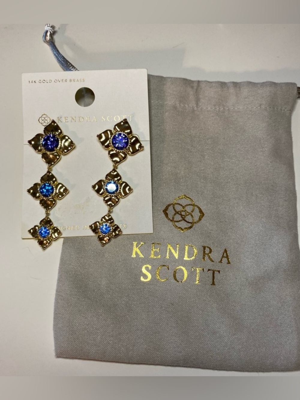 Kendra Scott Lily Mix 14K Gold Blue Purple Floral Statement Dangle Earrings NWT - Picture 2 of 7